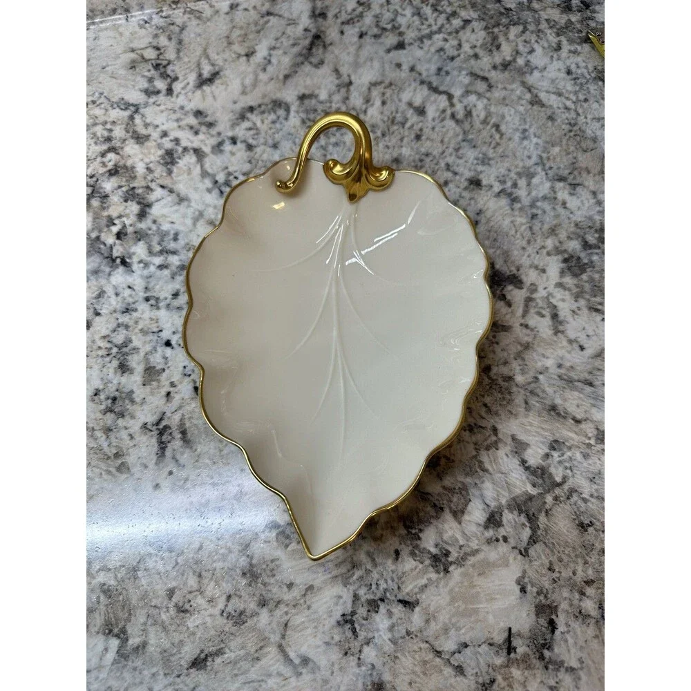 Vintage Lenox Hand Decorated With 24K Gold China Leaf Shaped Candy Dish